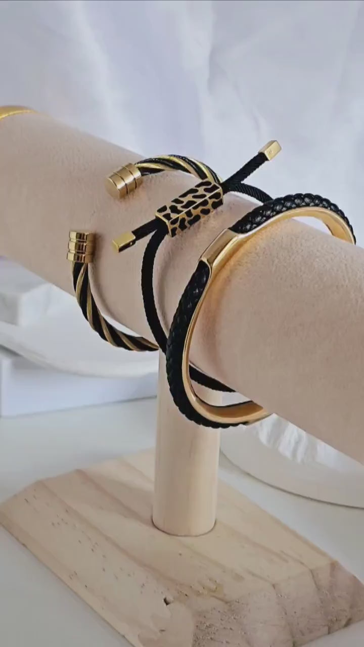 Tarnishfree braided leather 18K Gold plated open cuff bangle bracelet,stacking black and gold open cuff bracelet,unisex cuff bracelet