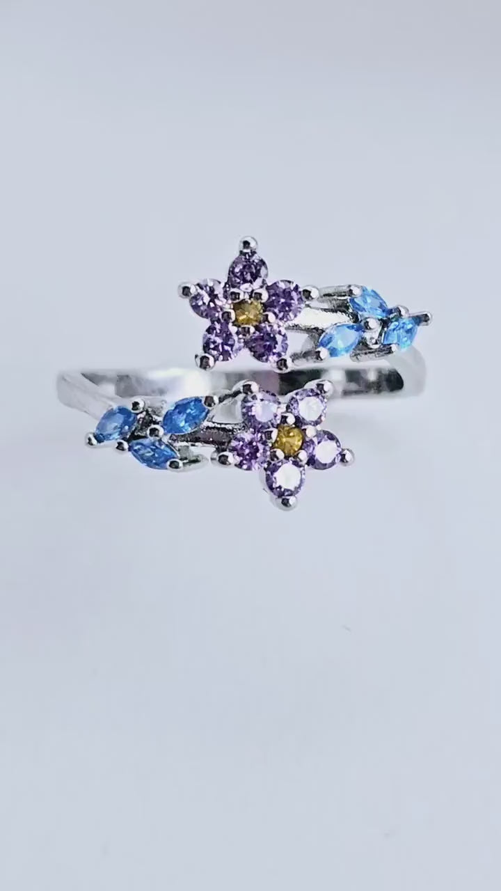 Amethyst FORGET-ME-NOT floral Sterling Silver Adjustable Open-end Ring,silver floral ring,Gemstone crystal statement ring,gift,stacking ring