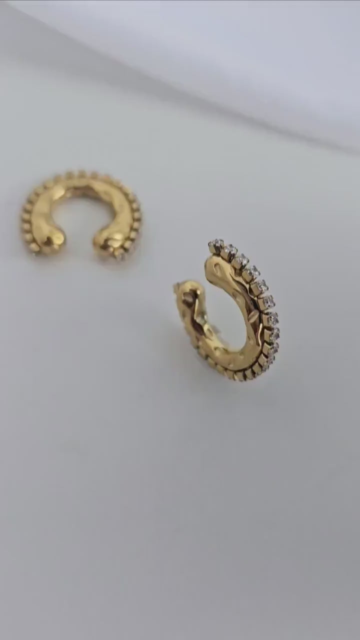 18k Gold Hammered Ear Cuffs Fake Helix piercing,cubic zirconia spiked geometric ear cuff,large statement gold ear cuff